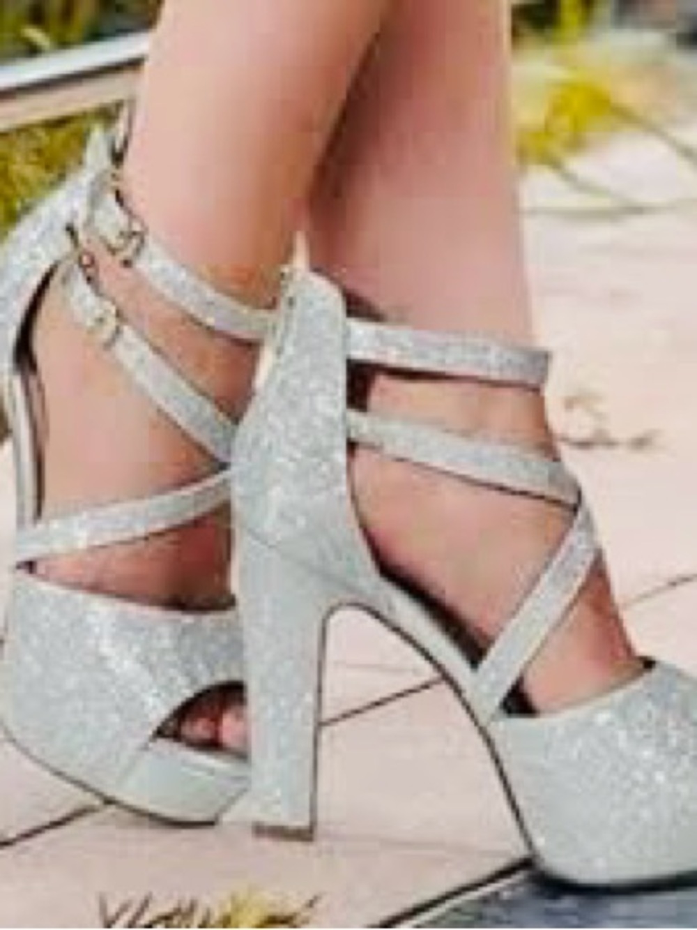 IDIFU Silver Glitter Strappy Platform Heels